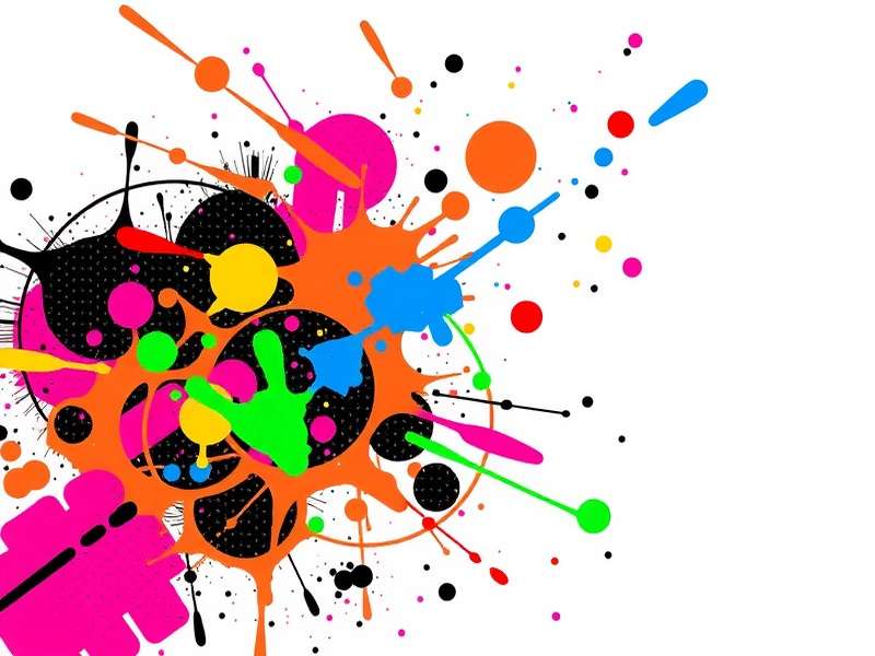 A vibrant collection of multi-colored paint splatters on a dark background