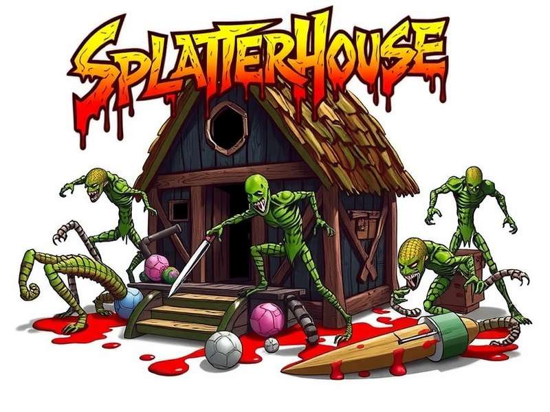 Splatterhouse PC gameplay showing Rick Taylor fighting a monstrous creature in a gory hallway