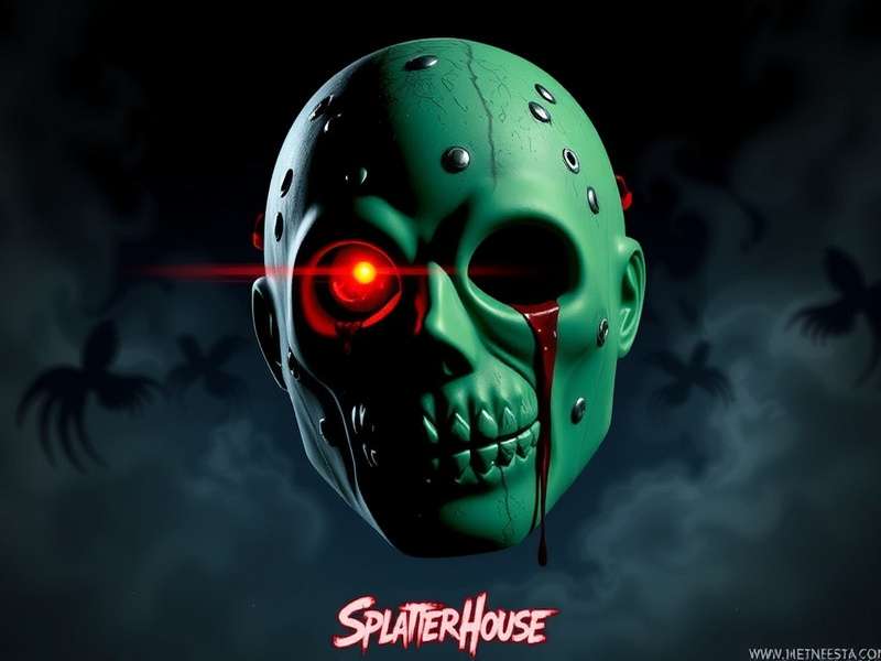 In-game screenshot showing Rick transformed by the mask, executing a brutal finisher move on a monster