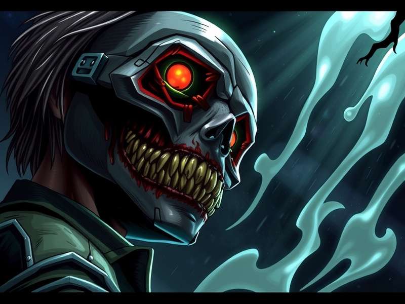 Close-up detailed view of the Splatterhouse Terror Mask, showing its grotesque features and glowing red eyes