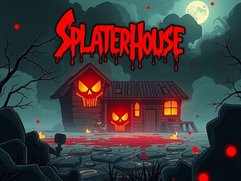 Comparison collage of original Splatterhouse arcade cabinet and modern Steam library view