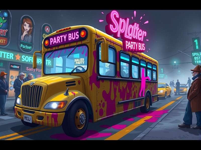 Splatter Party Bus – colorful gaming arena with neon lights and splatter effects