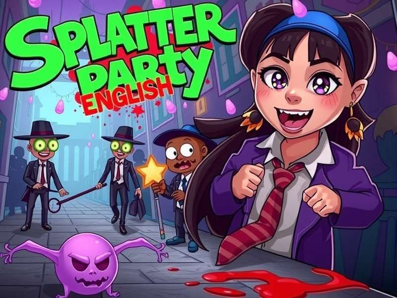 Splatter Party English Cover – vibrant neon art with paint splashes and game characters