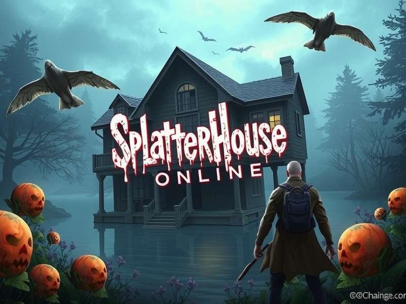 Splatterhouse Online gameplay screenshot showing the protagonist fighting hordes of grotesque enemies in a dark, gothic environment