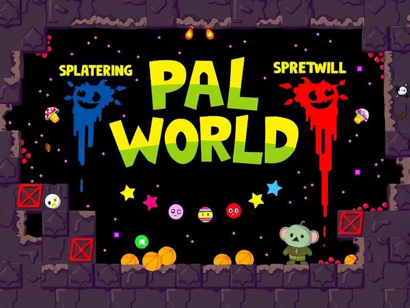 Splattering Pal World Reddit community banner featuring Pal World characters and Splatter graffiti style
